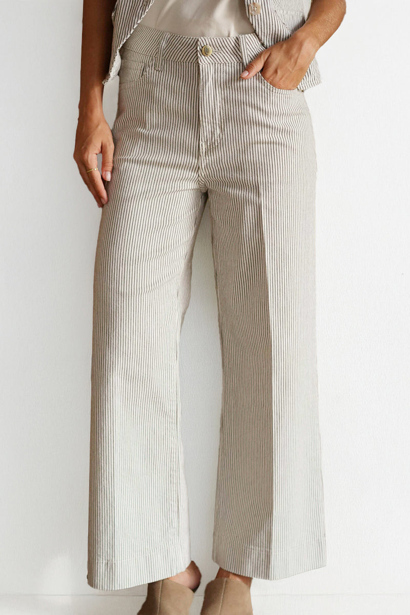 Elegant High Waist Wide Striped Multi-Pocket Jeans
