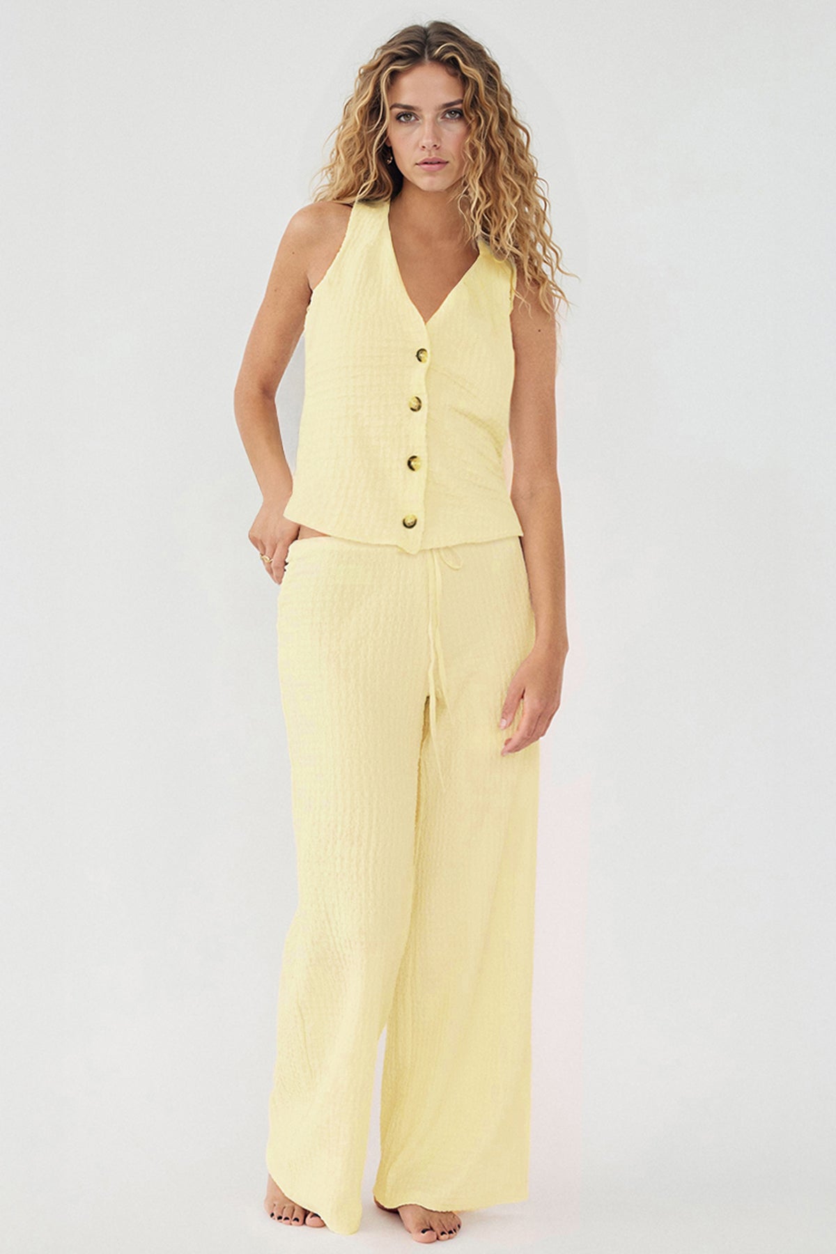 Leisure V-Neck Button Tank Top & Low-Rise Wide Leg Trousers Co-ord