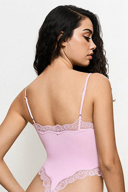 Sexy Solid Color Spaghetti Strap Lace Trim Stretch Bodysuit