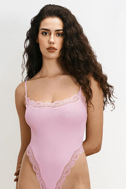 Sexy Solid Color Spaghetti Strap Lace Trim Stretch Bodysuit