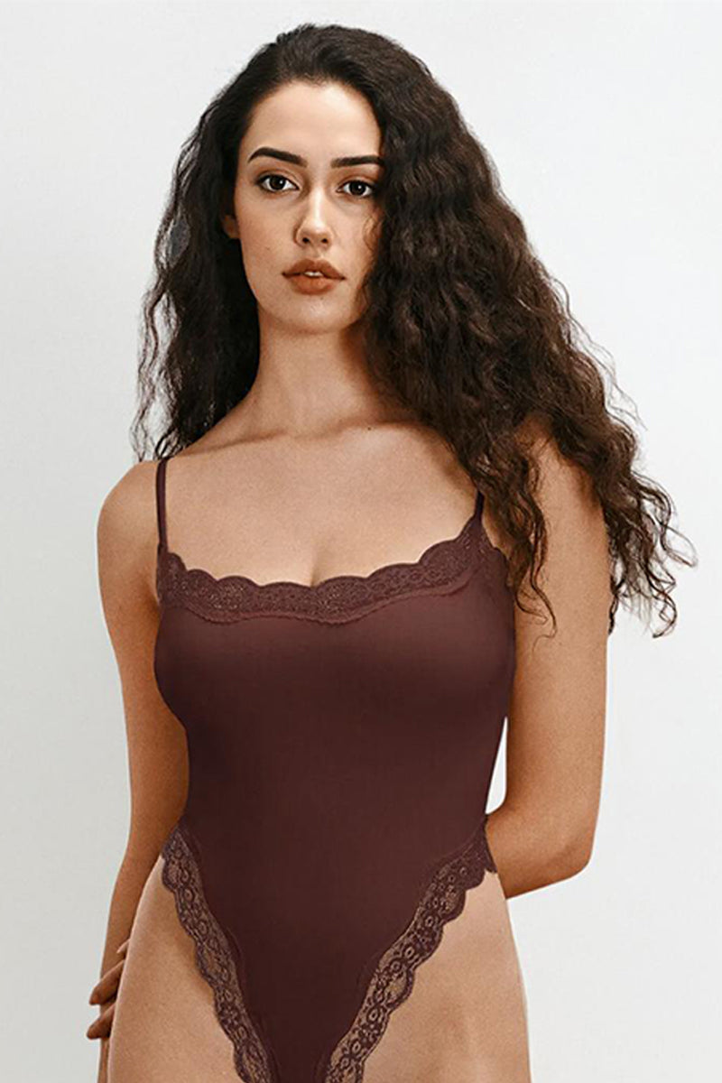 Sexy Solid Color Spaghetti Strap Lace Trim Stretch Bodysuit