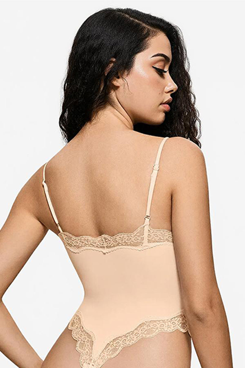 Sexy Solid Color Spaghetti Strap Lace Trim Stretch Bodysuit