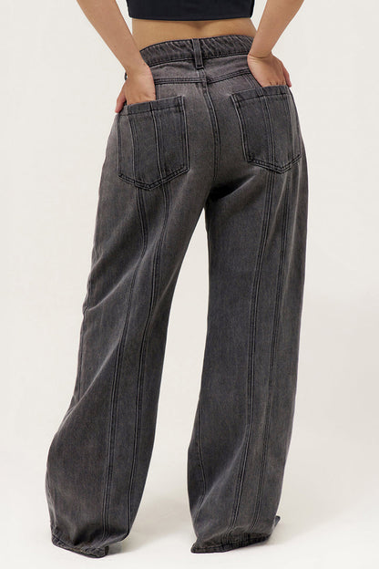 Street Mid-Rise Adjustable Button Lines Modify Wide Leg Jeans