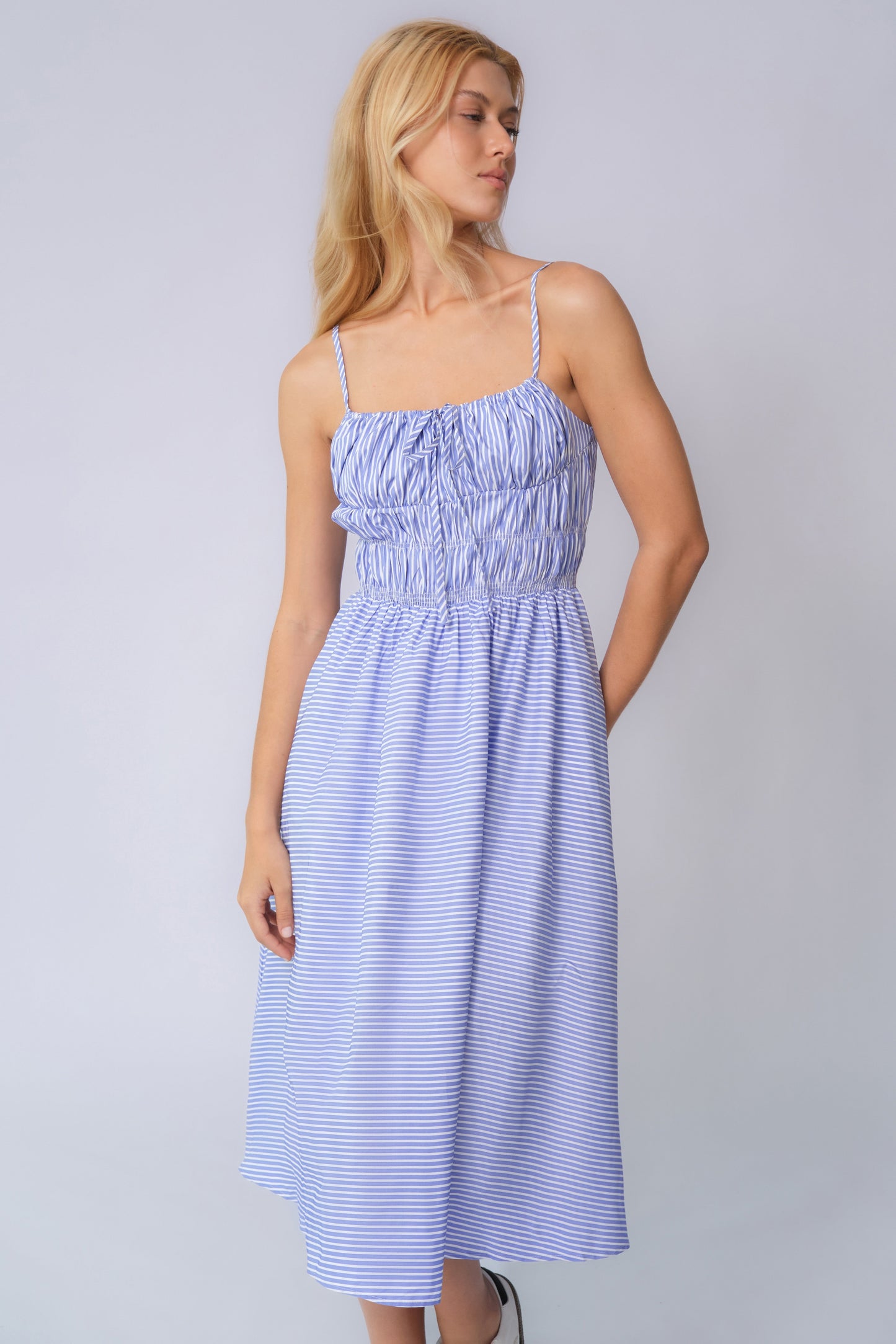 Casual Spaghetti Strap Front Tie Ruched Stripe Maxi Dress