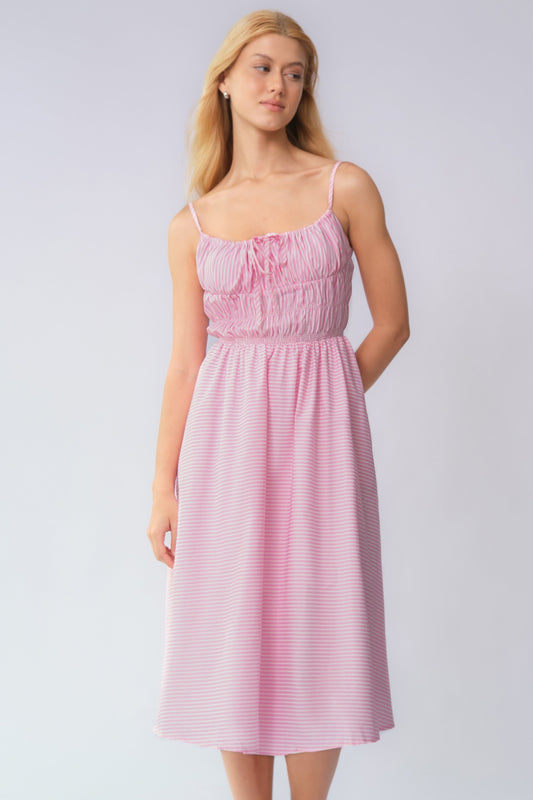 Casual Spaghetti Strap Front Tie Ruched Stripe Maxi Dress