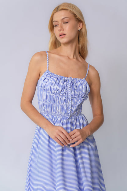 Casual Spaghetti Strap Front Tie Ruched Stripe Maxi Dress