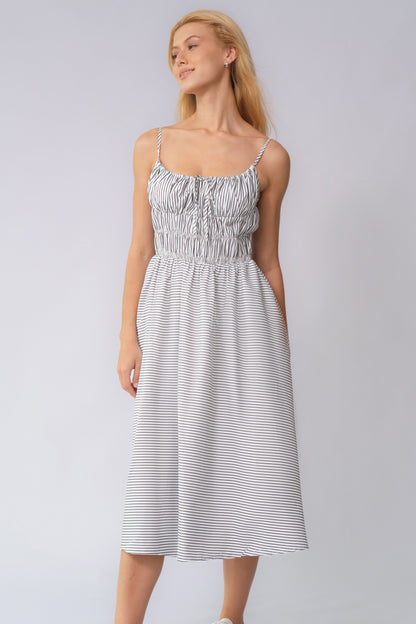 Casual Spaghetti Strap Front Tie Ruched Stripe Maxi Dress