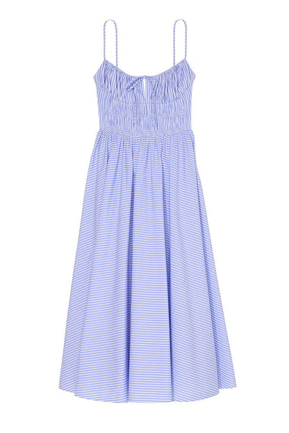 Casual Spaghetti Strap Front Tie Ruched Stripe Maxi Dress