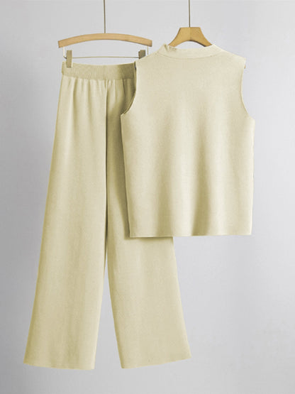 Minimalist Solid V-Neck Button Tank Top & Wide-Leg Trousers Co-ord