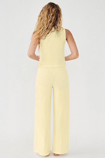 Leisure V-Neck Button Tank Top & Low-Rise Wide Leg Trousers Co-ord