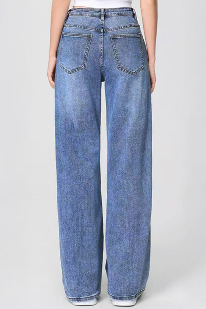 Asymmetrical High Waist Multi Pocket Wide Leg Jeans Street Style