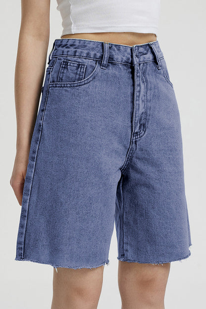 Classy Mid-Rise Tassel Hem Baggy Denim Shorts