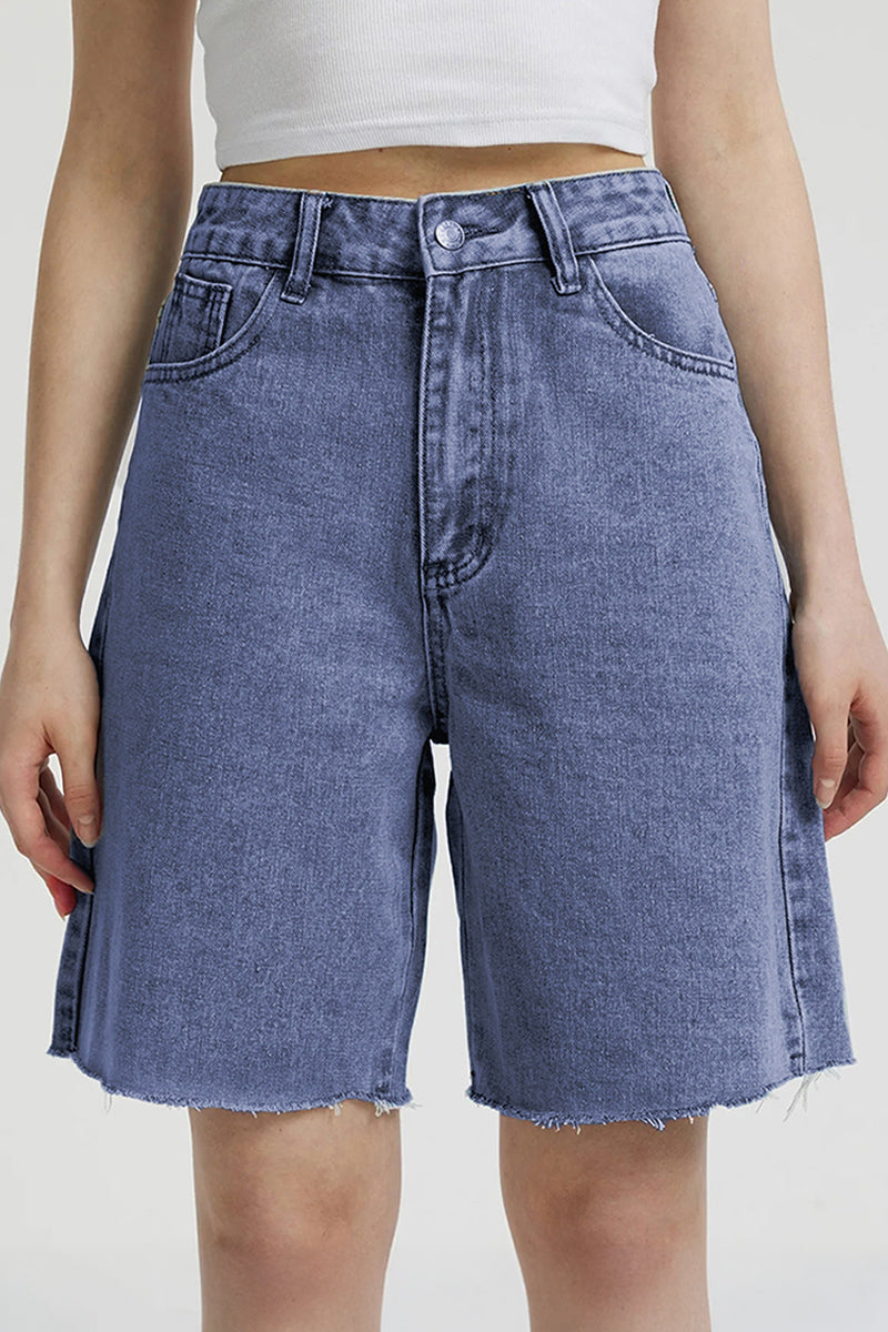 Classy Mid-Rise Tassel Hem Baggy Denim Shorts