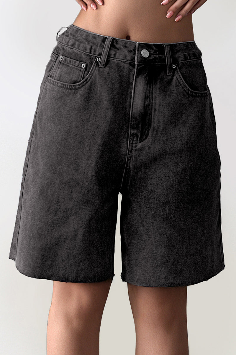 Classy Mid-Rise Tassel Hem Baggy Denim Shorts