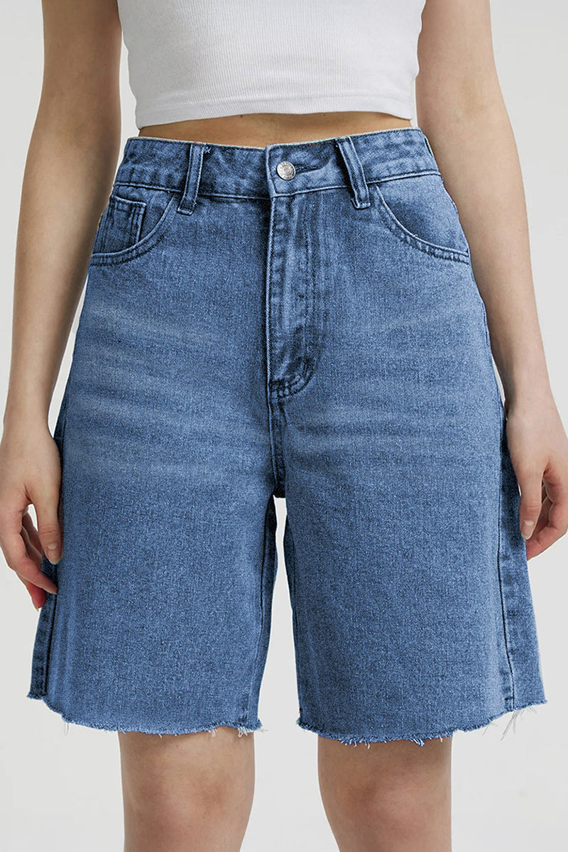 Classy Mid-Rise Tassel Hem Baggy Denim Shorts