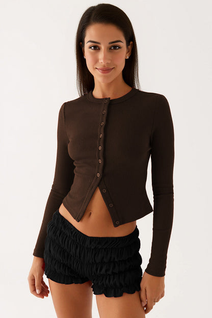 Versatile Solid Color Knit Button-Up Slim Top