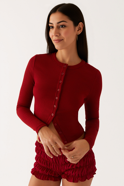 Versatile Solid Color Knit Button-Up Slim Top
