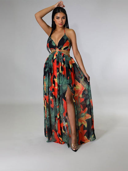 Vibrant Deep V Adjustable Halter Floral Print High Split Maxi Dress