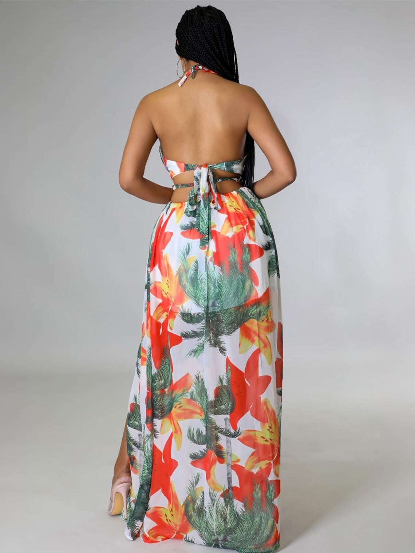 Vibrant Deep V Adjustable Halter Floral Print High Split Maxi Dress