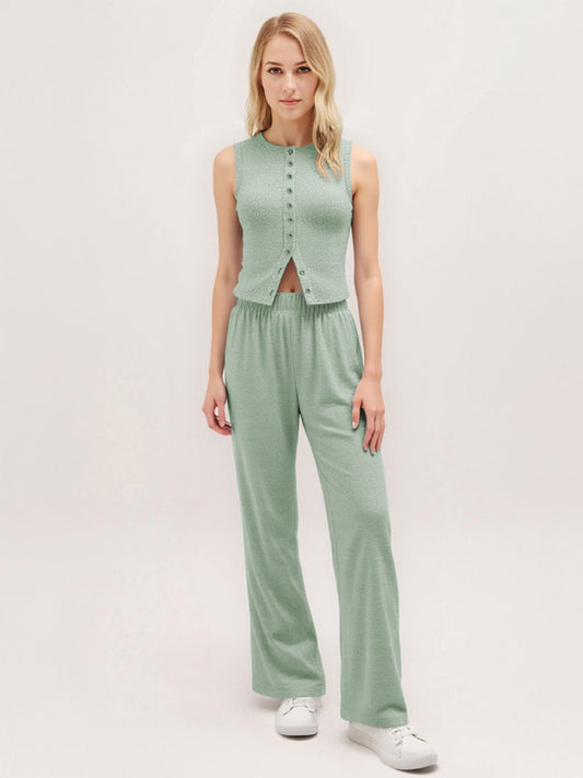 Leisure Round Neck Button Tank Top & Stretchy Trousers Co-ord