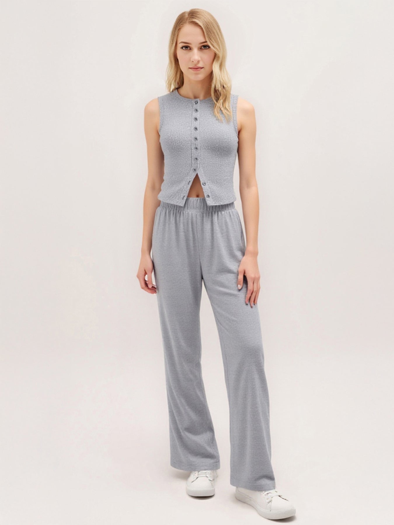 Leisure Round Neck Button Tank Top & Stretchy Trousers Co-ord