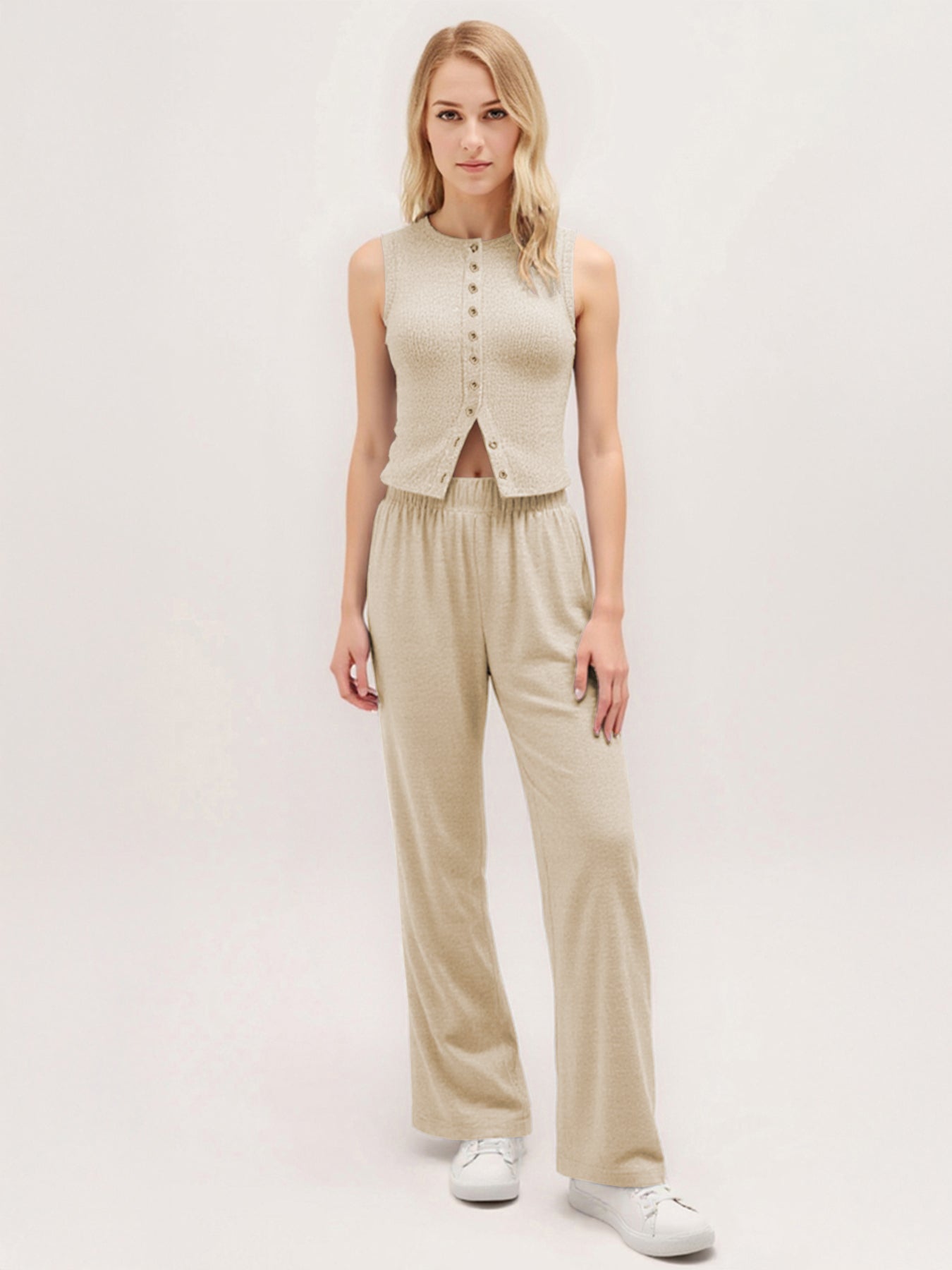 Leisure Round Neck Button Tank Top & Stretchy Trousers Co-ord