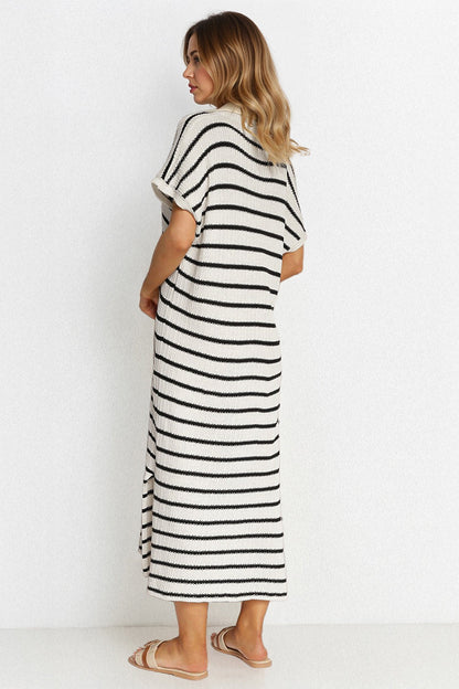 V-Neck Batwing Midi Dress Striped Collar Side-Slit Slouchy Summer