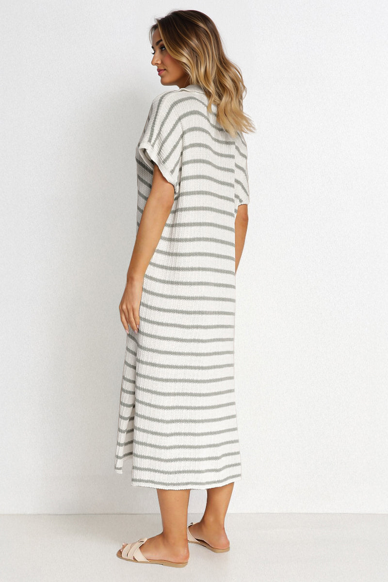 V-Neck Batwing Midi Dress Striped Collar Side-Slit Slouchy Summer