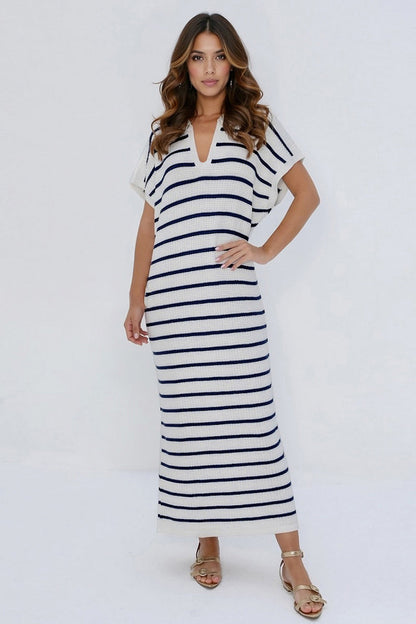 V-Neck Batwing Midi Dress Striped Collar Side-Slit Slouchy Summer