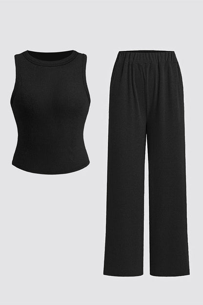 Solid Shelf-Bra Tank Top & Wide-Leg Trousers Summer Co-ord Set