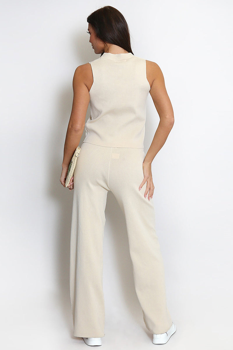Minimalist Solid V-Neck Button Tank Top & Wide-Leg Trousers Co-ord