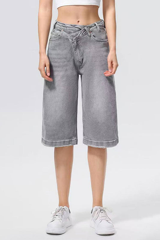 Classy Mid-Rise Asymmetrical Button Loose Straight Bermuda Shorts