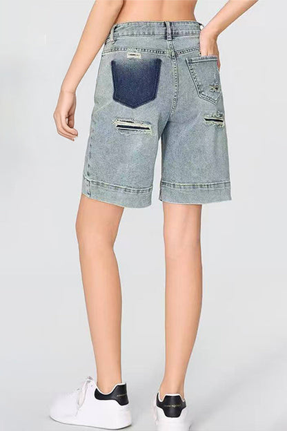 Punk Mid-Rise Loose Straight Ripped Denim Shorts
