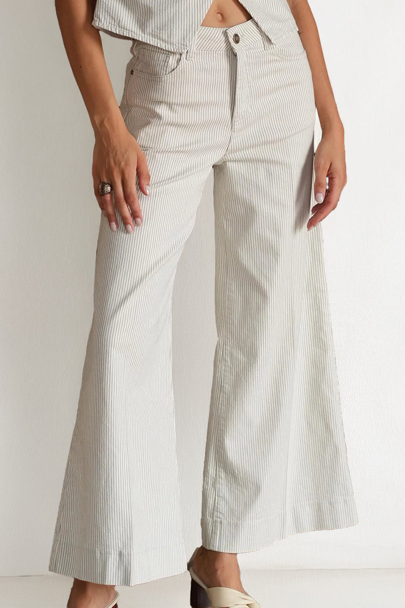 Elegant High Waist Wide Striped Multi-Pocket Jeans