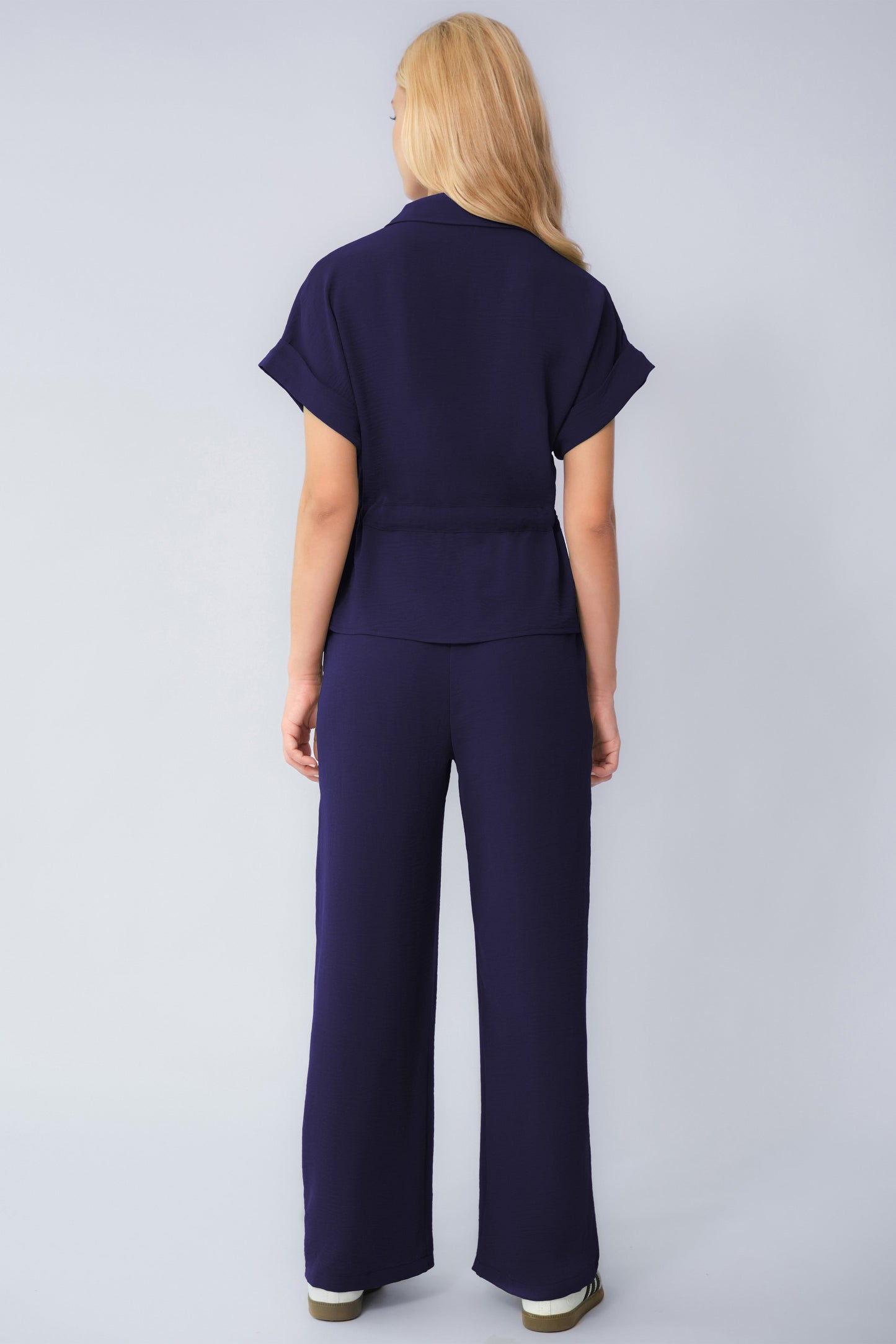 Versatile Collared Rolled-Up Short Sleeve Top & Wide Leg Trousers Co-ord
