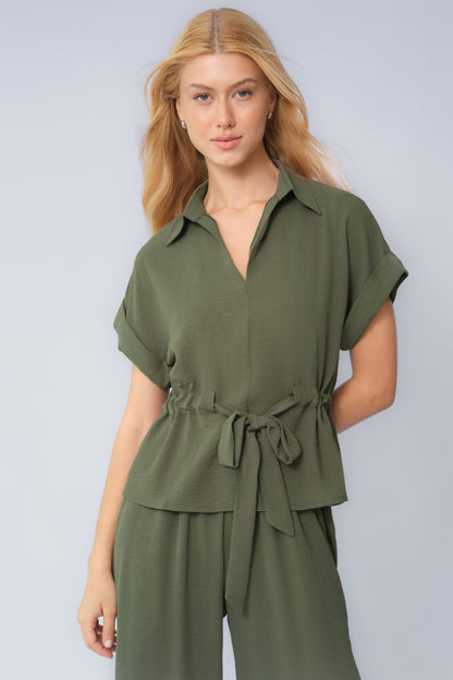 Versatile Collared Rolled-Up Short Sleeve Top & Wide Leg Trousers Co-ord