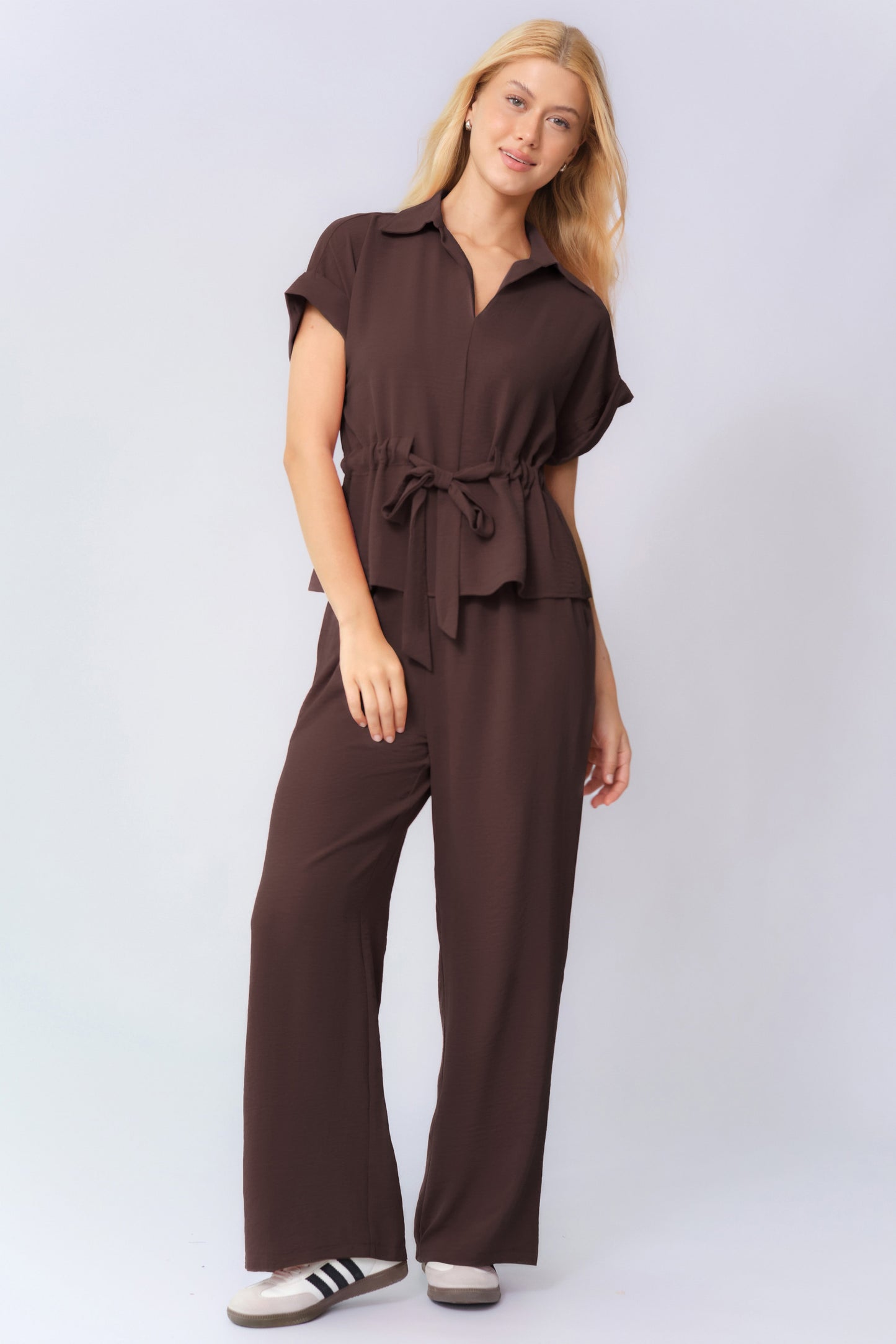 Versatile Collared Rolled-Up Short Sleeve Top & Wide Leg Trousers Co-ord
