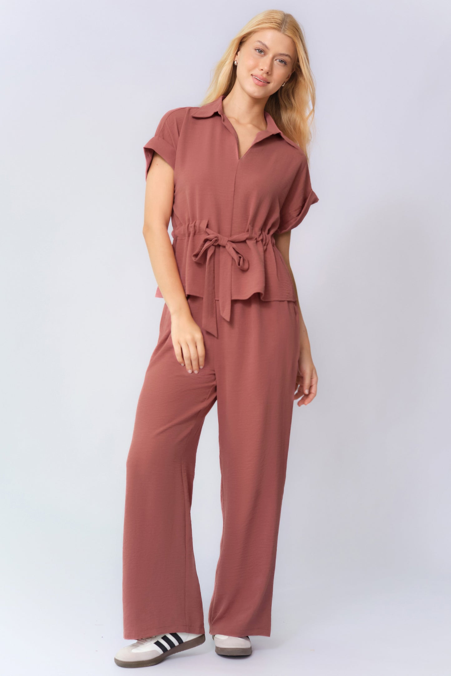 Versatile Collared Rolled-Up Short Sleeve Top & Wide Leg Trousers Co-ord