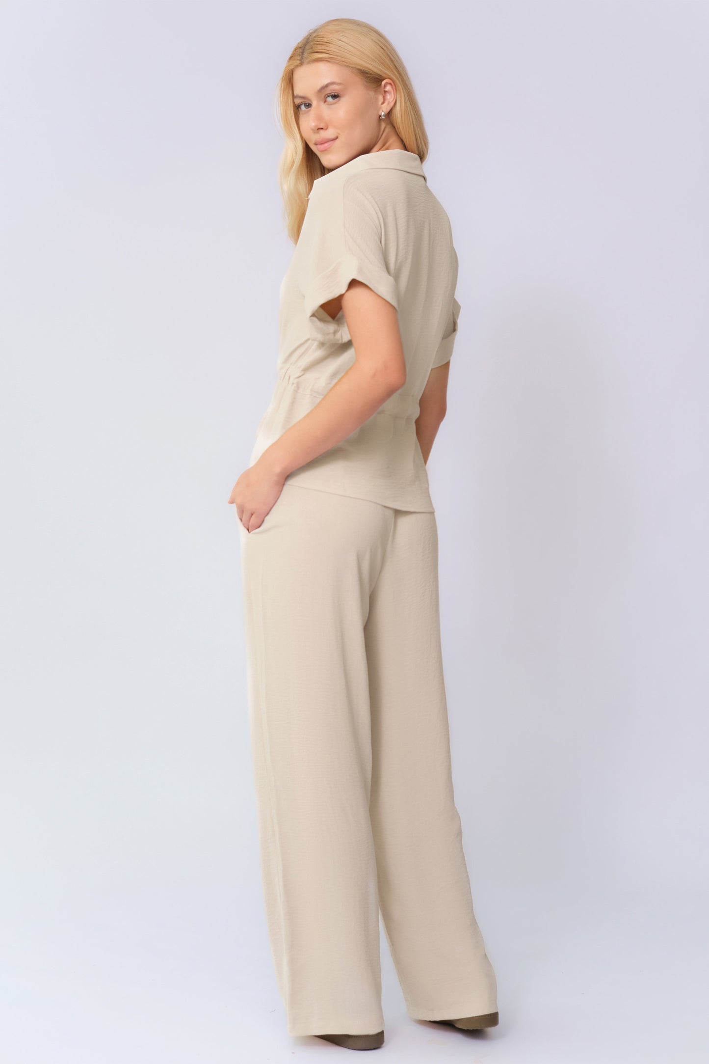 Versatile Collared Rolled-Up Short Sleeve Top & Wide Leg Trousers Co-ord