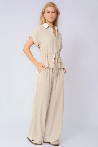 Versatile Collared Rolled-Up Short Sleeve Top & Wide Leg Trousers Co-ord