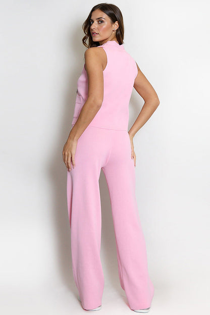 Minimalist Solid V-Neck Button Tank Top & Wide-Leg Trousers Co-ord