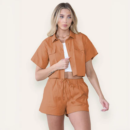 Casual Button Blouse & Drawstring Shorts Co-ord