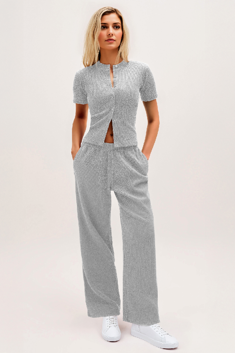 Casual Short Sleeve Button Slim Top & Wide Leg Trousers Co-ord