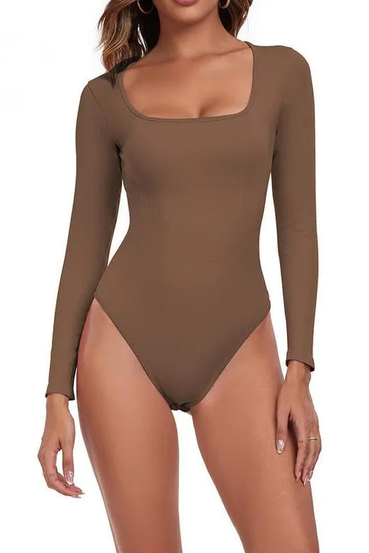 Casual Seamless Solid Color U Neck Long Sleeve Stretch Bodysuit