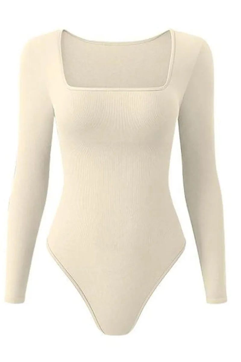 Casual Seamless Solid Color U Neck Long Sleeve Stretch Bodysuit