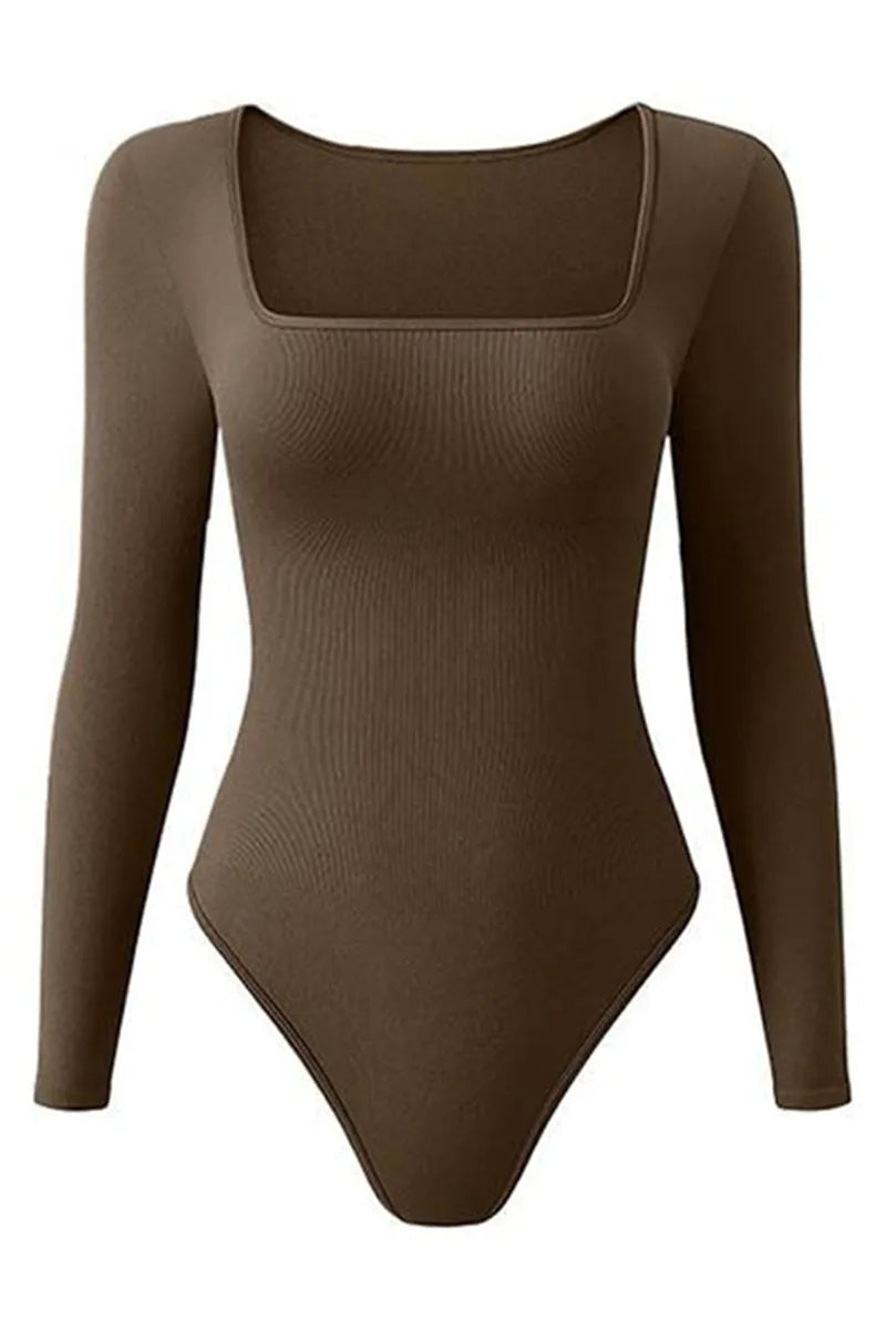 Casual Seamless Solid Color U Neck Long Sleeve Stretch Bodysuit