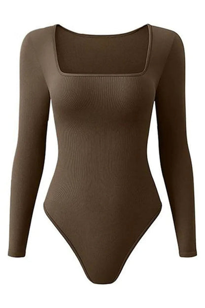 Casual Seamless Solid Color U Neck Long Sleeve Stretch Bodysuit