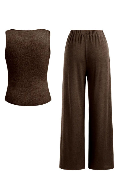 Classy U-Neck Button Decor Tank Top & Wide Leg Trousers with Lace Trim Camisole Three-Piece Set