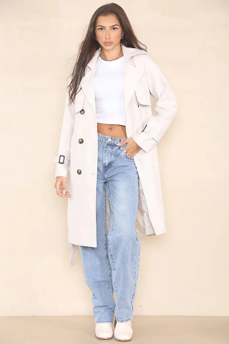 Classy Notch Lapel Double Breasted Belt Decor Trench Coat