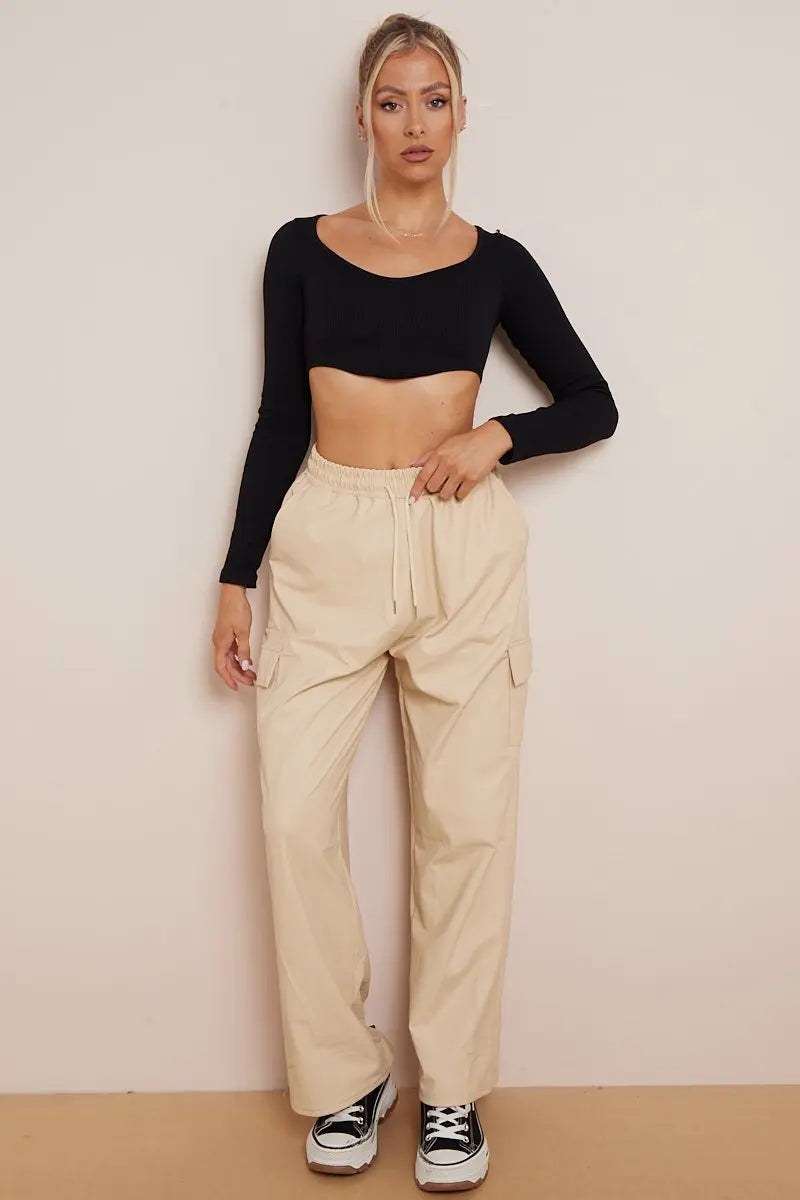 Minimalist Drawstring Waist Wide Leg PU Cargo Pants